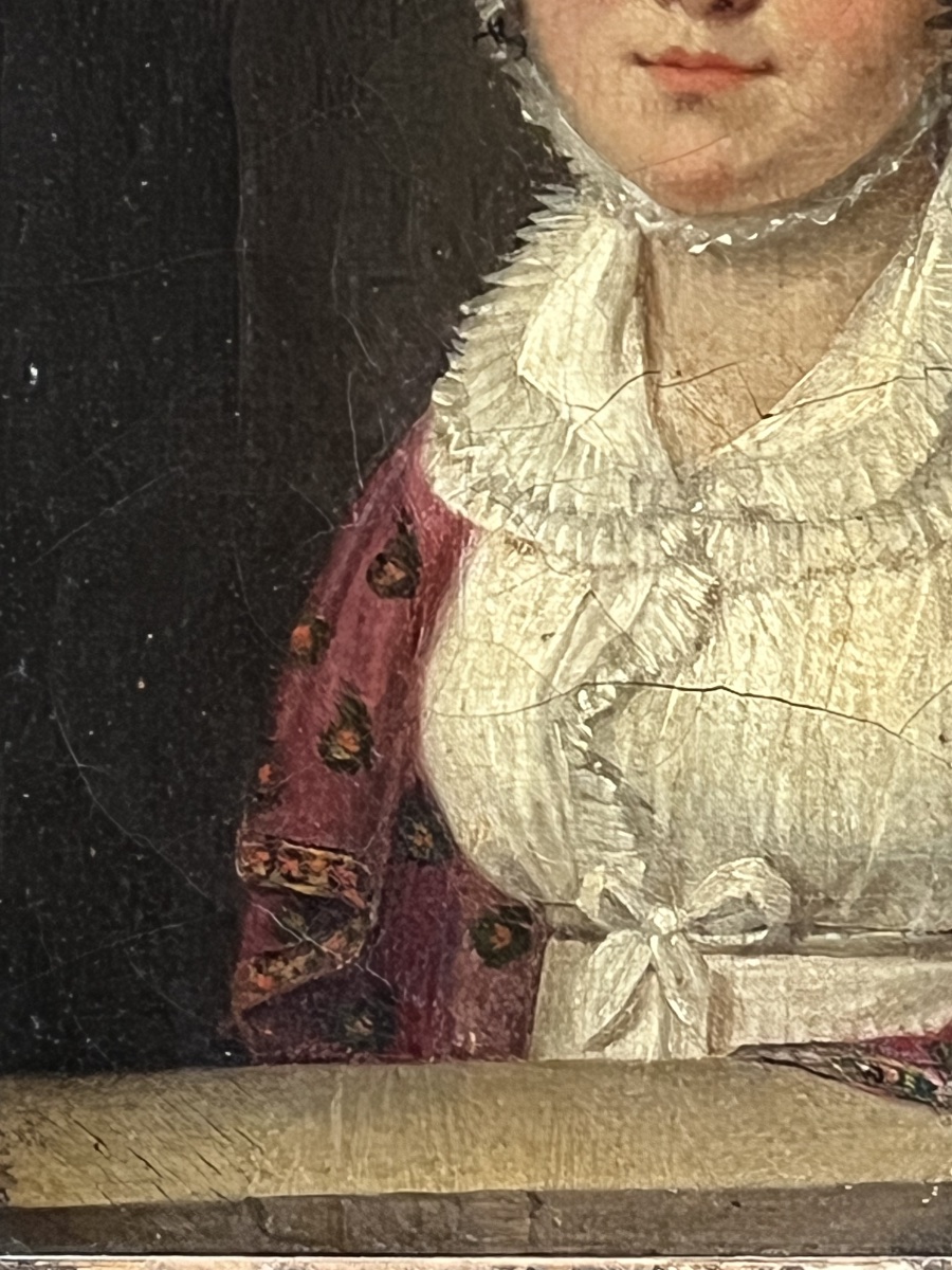 Ritratto di dama con cuffia e scialle rosso, scuola francese, circa 1820 -photo-6