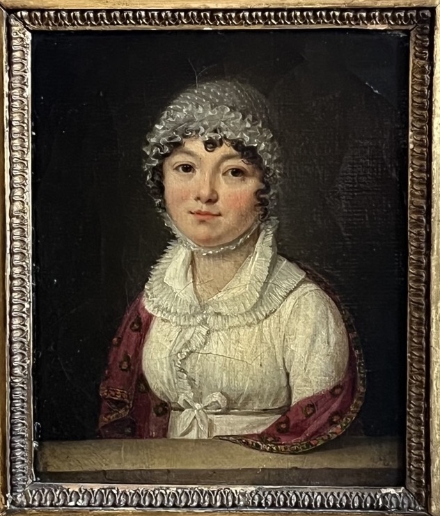 Ritratto di dama con cuffia e scialle rosso, scuola francese, circa 1820 