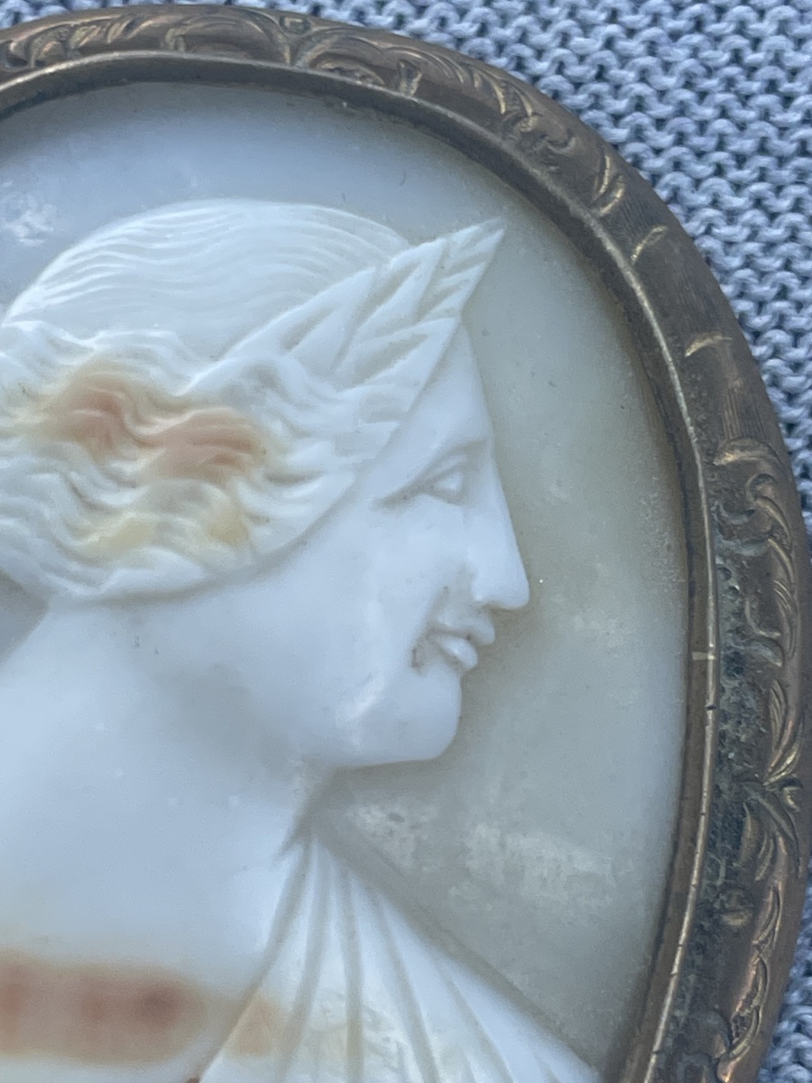 Cammeo in conchiglia con profilo femminile, montatura in metallo cesellato, XIX secolo  -photo-3