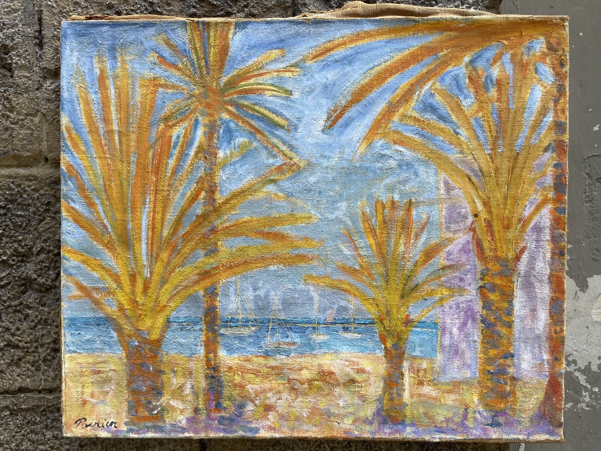 Paesaggio mediterraneo con palme e barche a vela firmato Poirier, circa 1940–1960  -photo-3