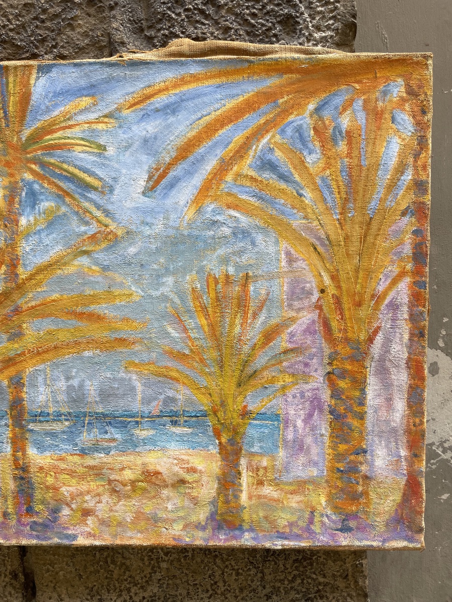 Paesaggio mediterraneo con palme e barche a vela firmato Poirier, circa 1940–1960  -photo-1
