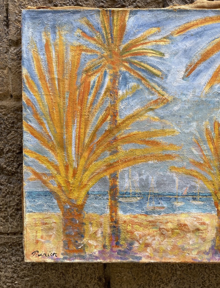 Paesaggio mediterraneo con palme e barche a vela firmato Poirier, circa 1940–1960  -photo-2