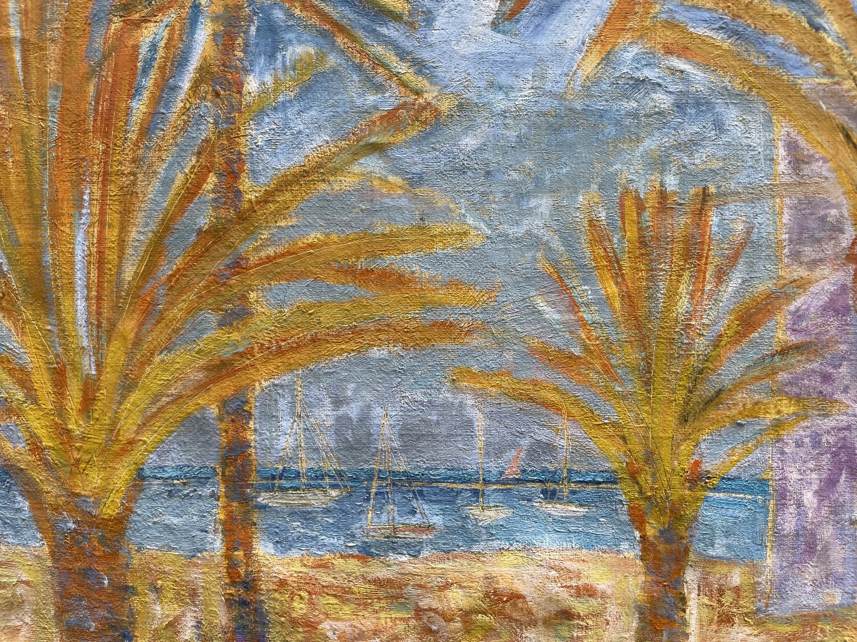 Paesaggio mediterraneo con palme e barche a vela firmato Poirier, circa 1940–1960  -photo-3