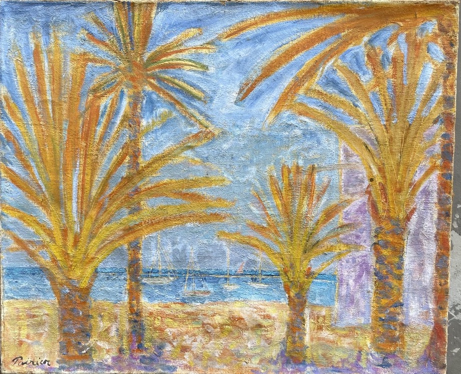 Paesaggio mediterraneo con palme e barche a vela firmato Poirier, circa 1940–1960  