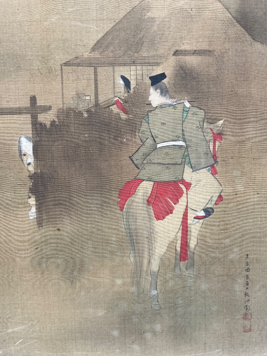 Dipinto giapponese su seta, periodo Meiji, con cavaliere -photo-2