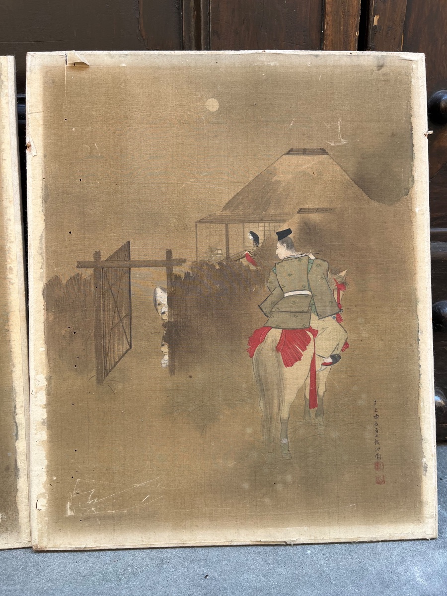 Dipinto giapponese su seta, periodo Meiji, con cavaliere -photo-3