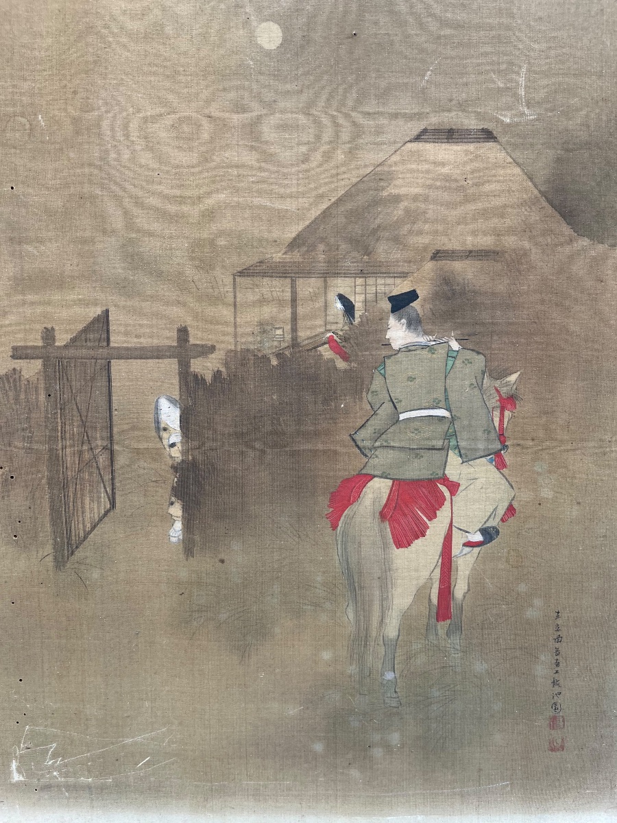 Dipinto giapponese su seta, periodo Meiji, con cavaliere 