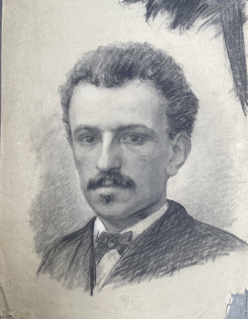 Disegno, ritratto di uomo con baffi e papillon, atelier di Enrico Reffo, cm 32 × 45 