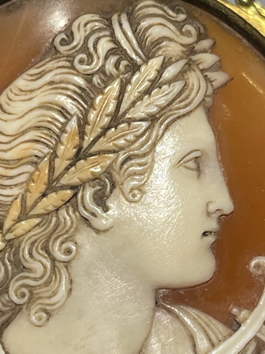Apollo con lira e corona d’alloro. Cammeo in conchiglia, Italia, XIX secolo-photo-3