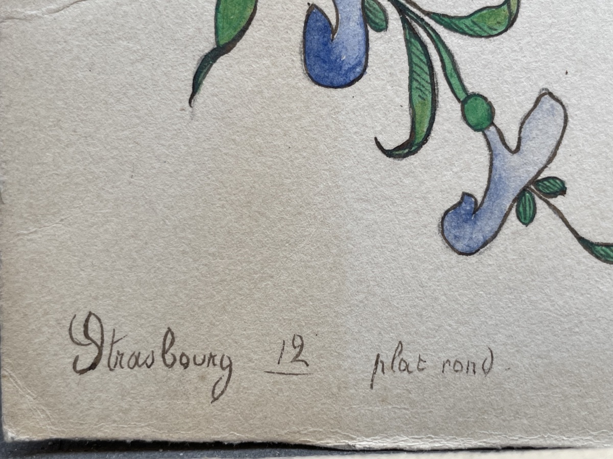 5 acquarelli, modelli per decori di piatti « Strasbourg », fondo d’atelier di ceramica, XX sec-photo-3