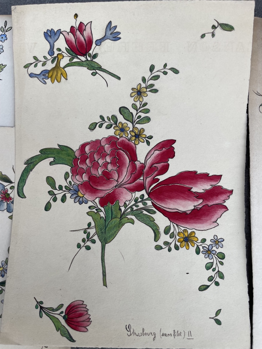 5 acquarelli, modelli per decori di piatti « Strasbourg », fondo d’atelier di ceramica, XX sec-photo-3