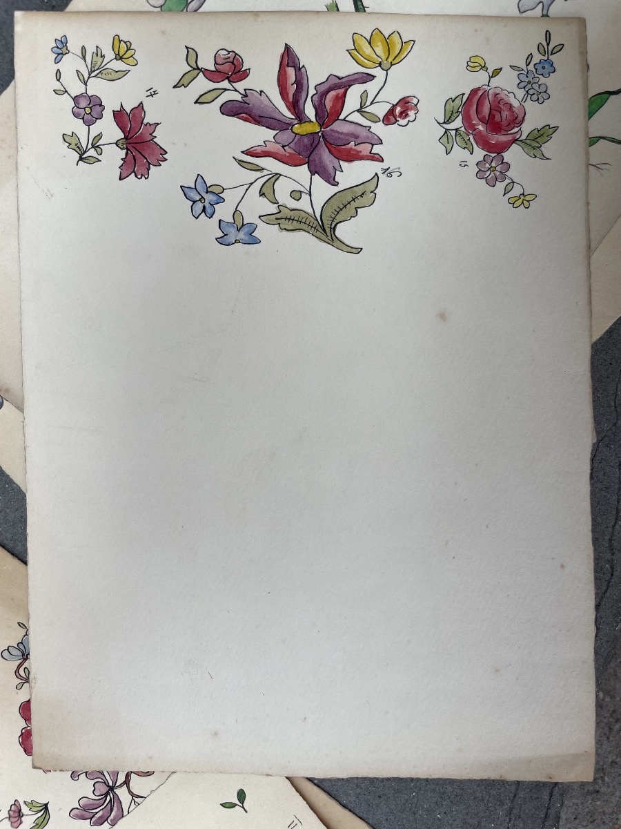5 acquarelli, modelli per decori di piatti « Strasbourg », fondo d’atelier di ceramica, XX sec-photo-4