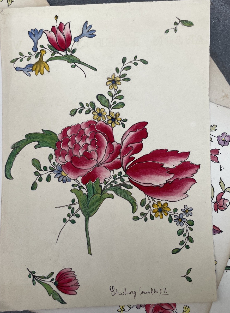 5 acquarelli, modelli per decori di piatti « Strasbourg », fondo d’atelier di ceramica, XX sec-photo-6