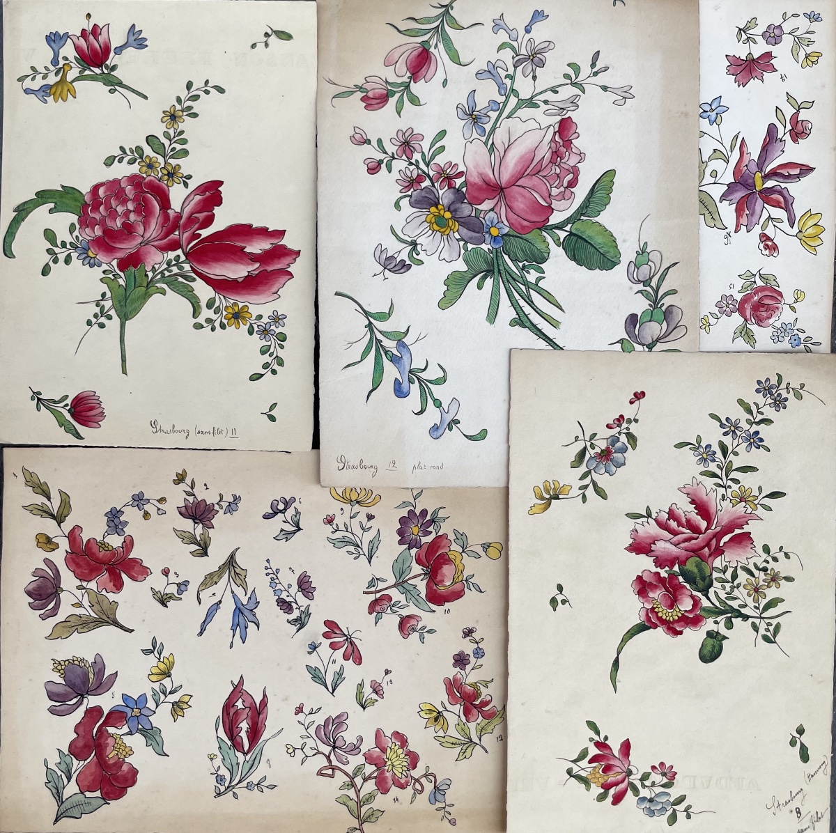 5 acquarelli, modelli per decori di piatti « Strasbourg », fondo d’atelier di ceramica, XX sec