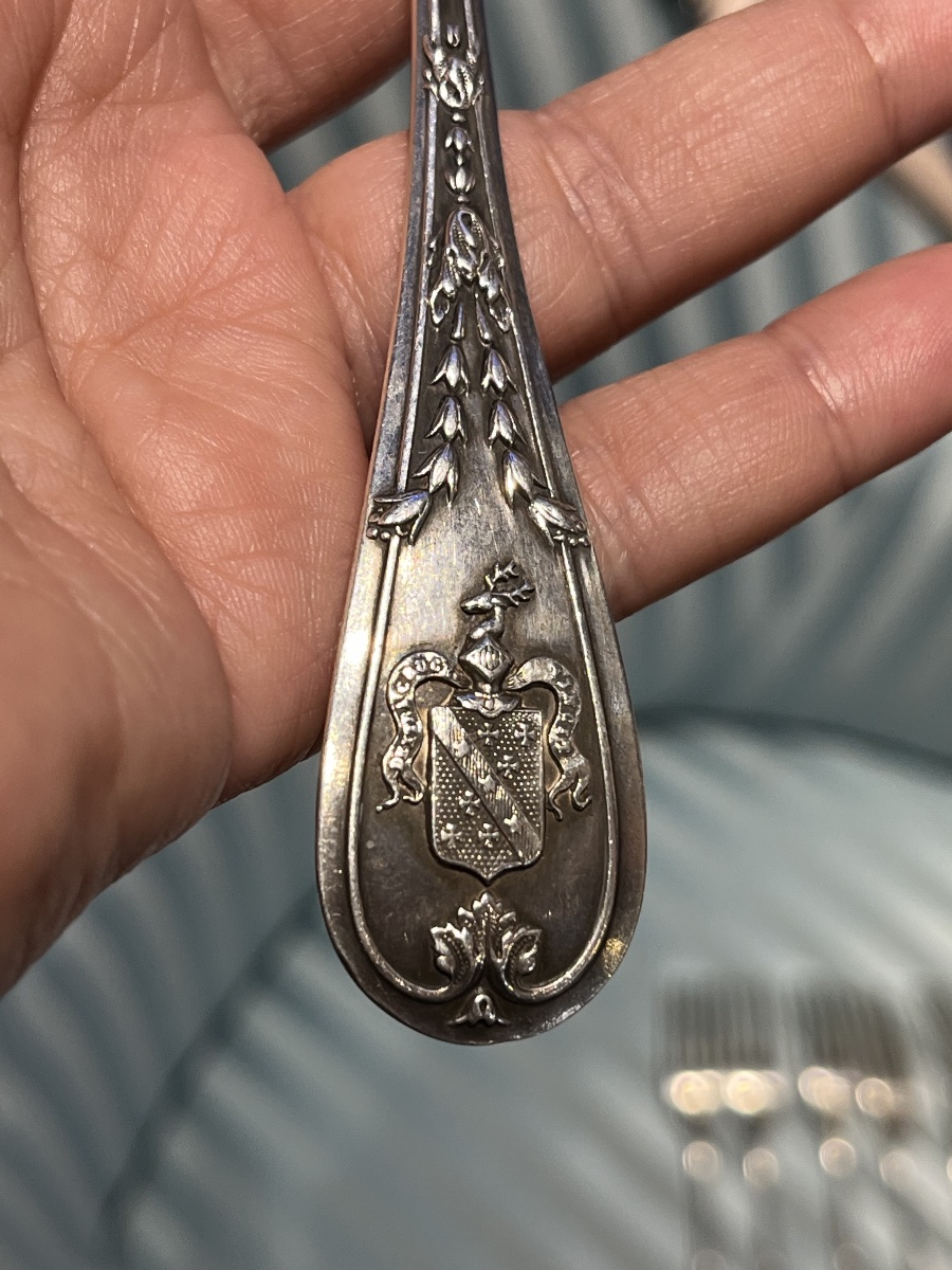     Sei forchette in argento Puiforcat con stemma nobiliare, ca. 1890-photo-1