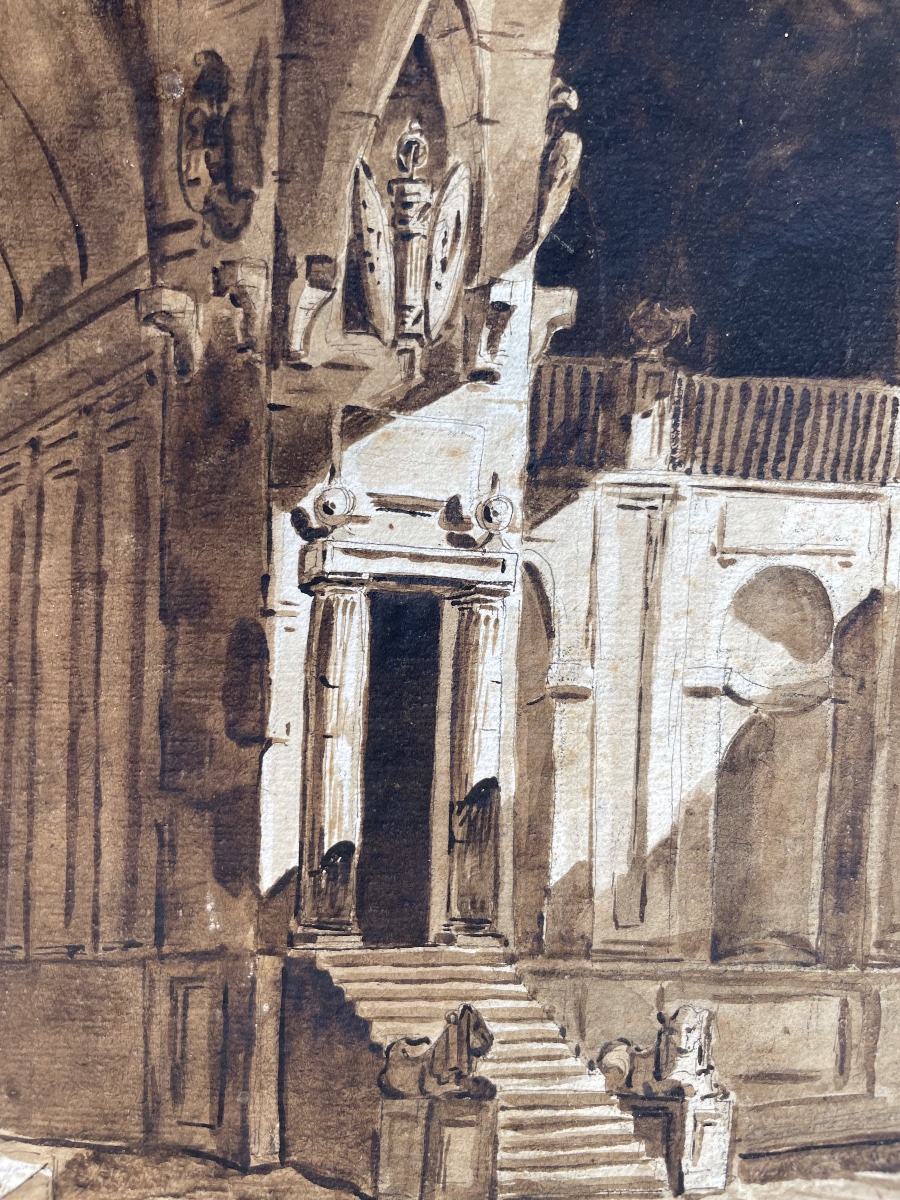 Scenografia architettonica con monumento a trofei, moro prigioniero e leoni. Amb. Fontanesi -photo-2
