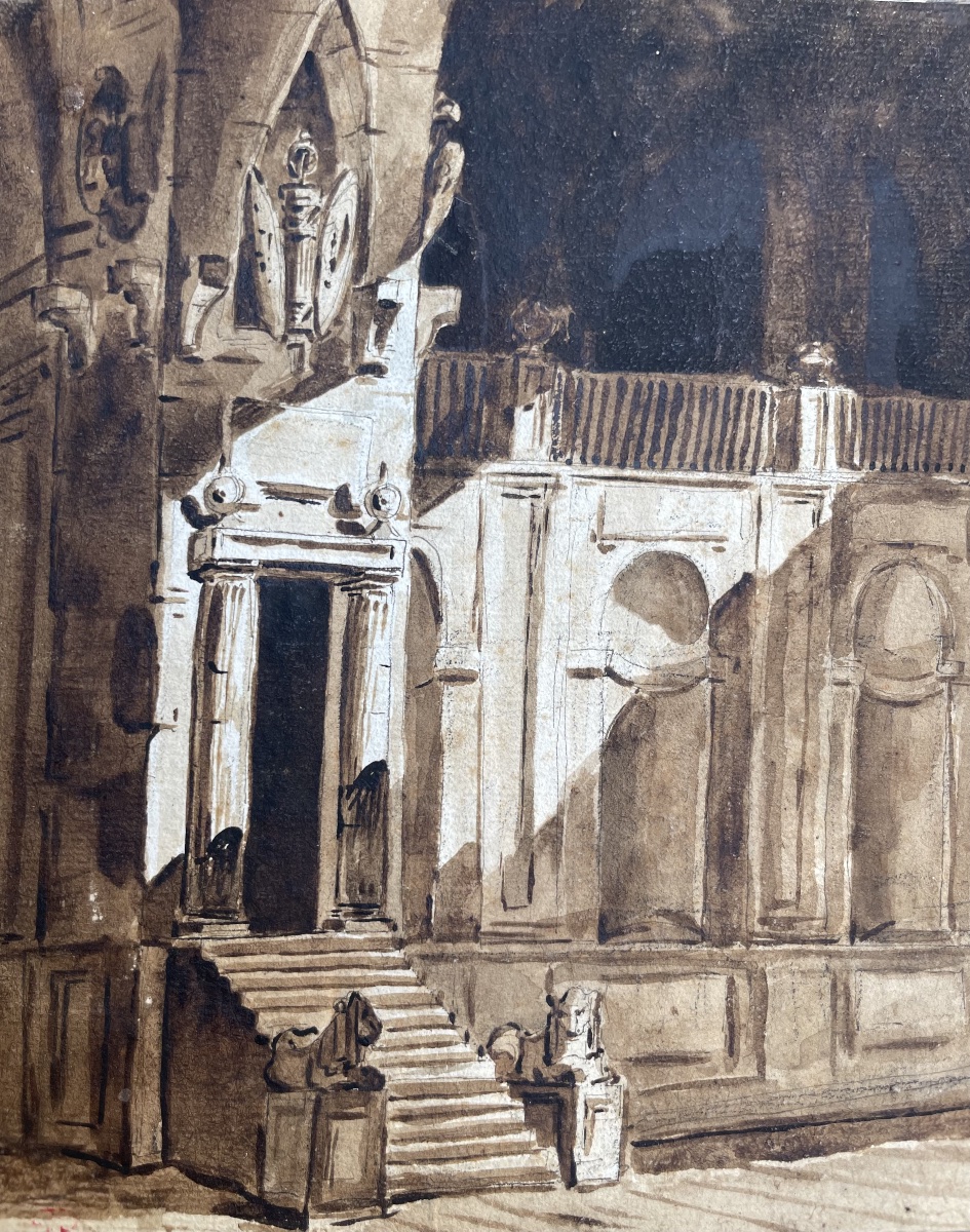 Scenografia architettonica con monumento a trofei, moro prigioniero e leoni. Amb. Fontanesi -photo-6