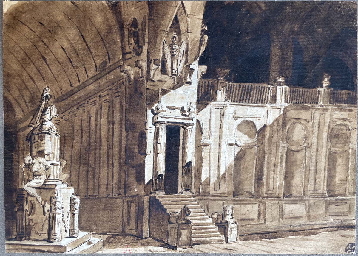 Scenografia architettonica con monumento a trofei, moro prigioniero e leoni. Amb. Fontanesi 