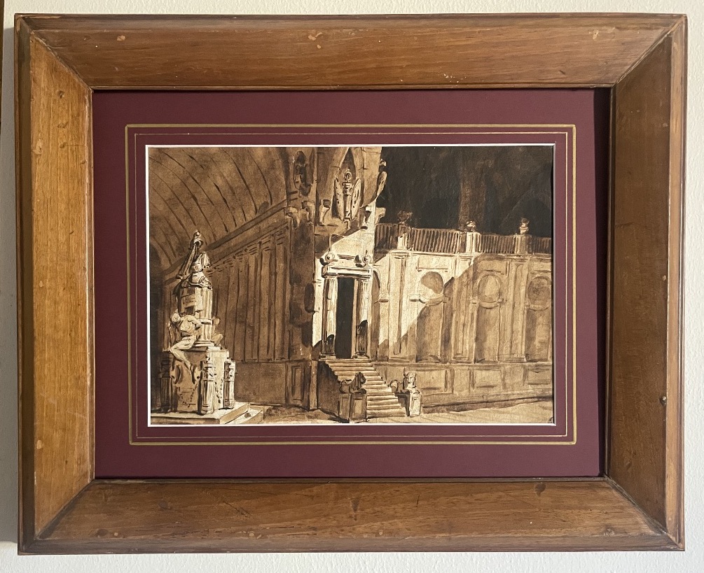 Scenografia architettonica con monumento a trofei, moro prigioniero e leoni. Amb. Fontanesi 