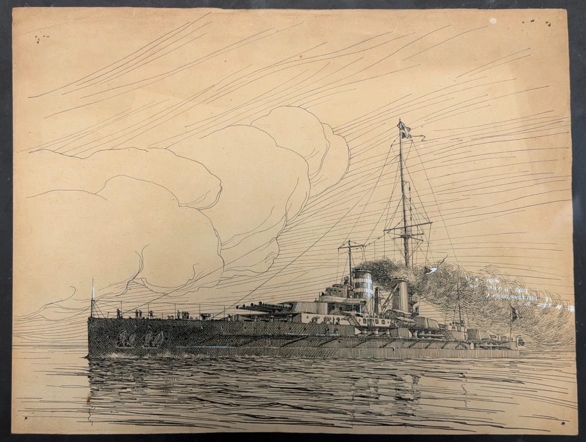 Due disegni a inchiostro di corazzate in mare – Pierre Leconte (1894-1946)  Inchiostro su carta-photo-2