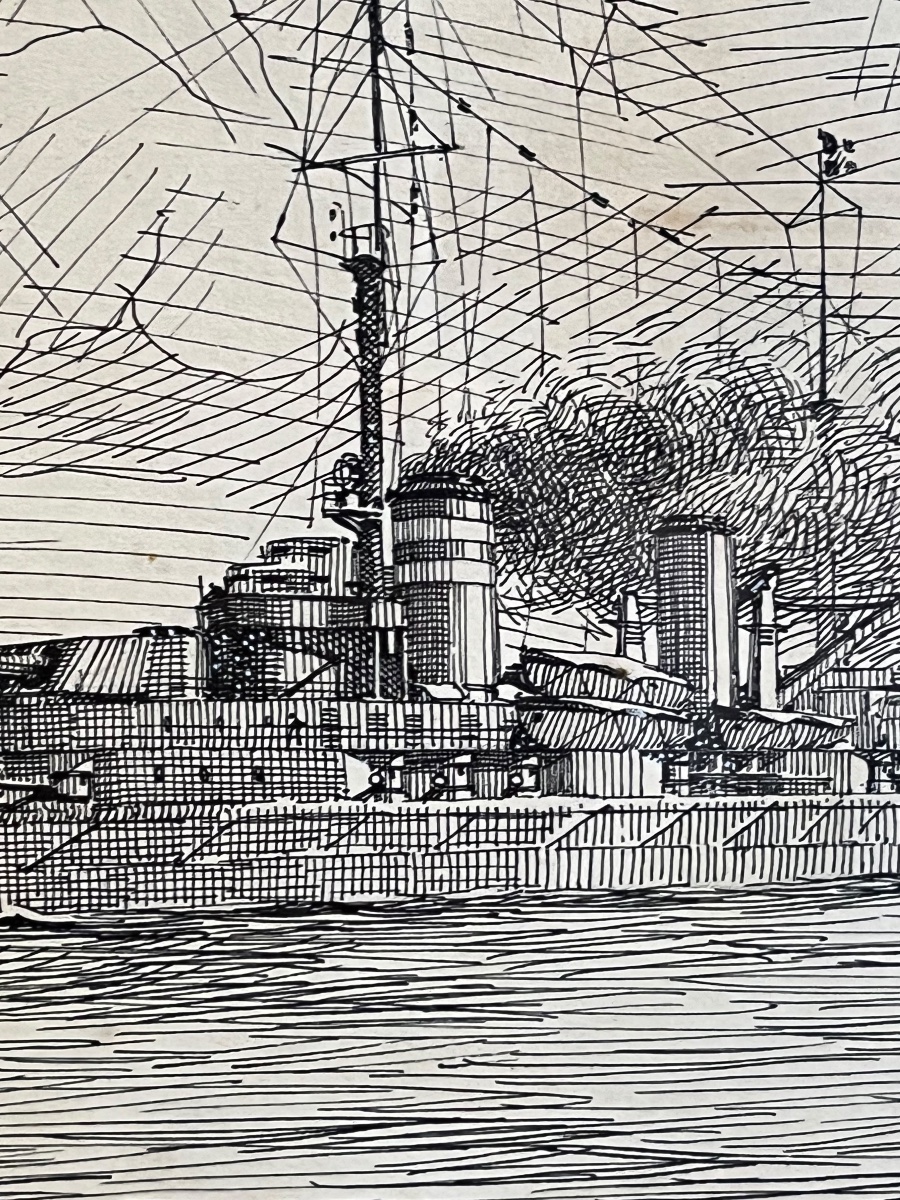 Due disegni a inchiostro di corazzate in mare – Pierre Leconte (1894-1946)  Inchiostro su carta-photo-1