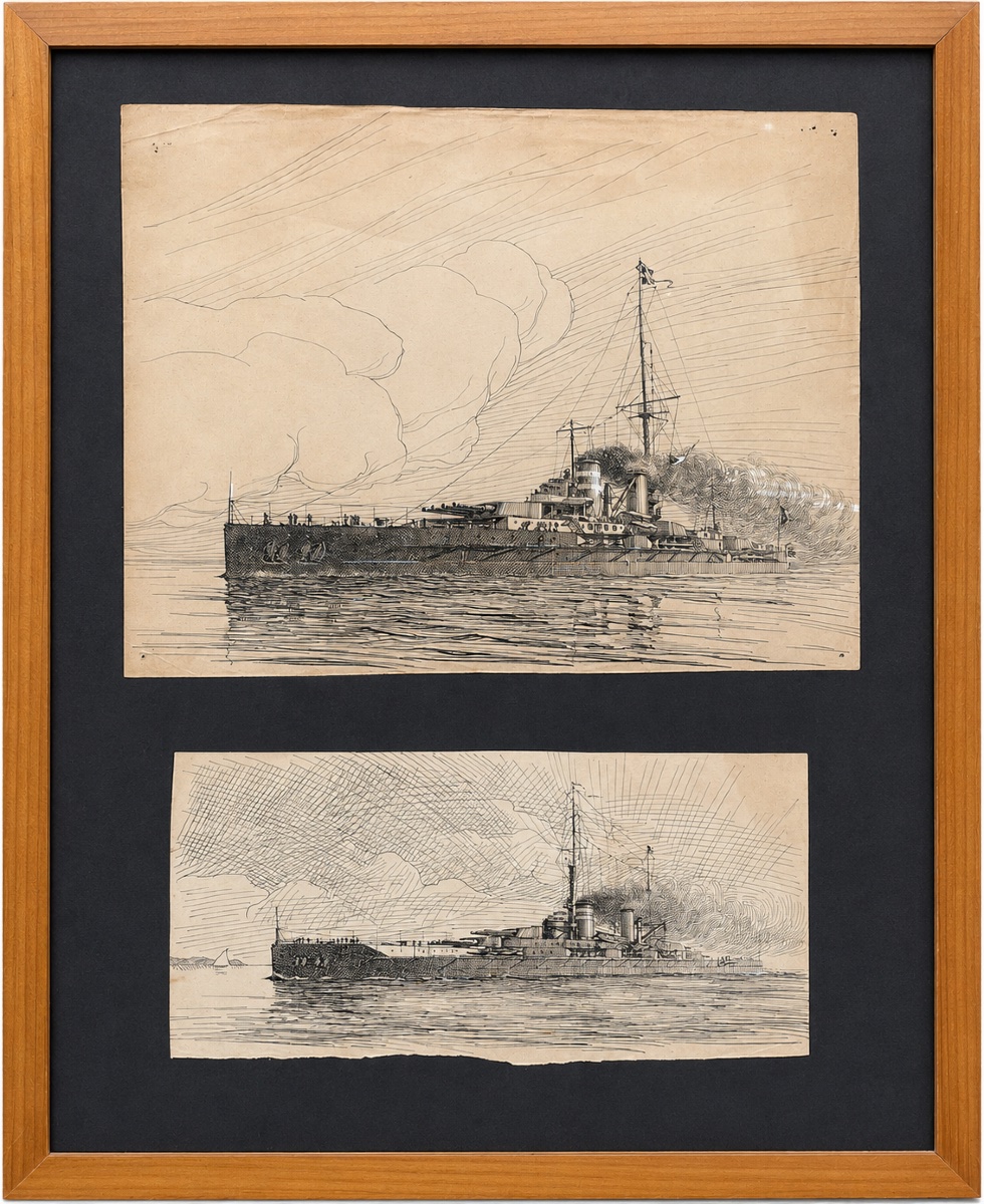 Due disegni a inchiostro di corazzate in mare – Pierre Leconte (1894-1946)  Inchiostro su carta