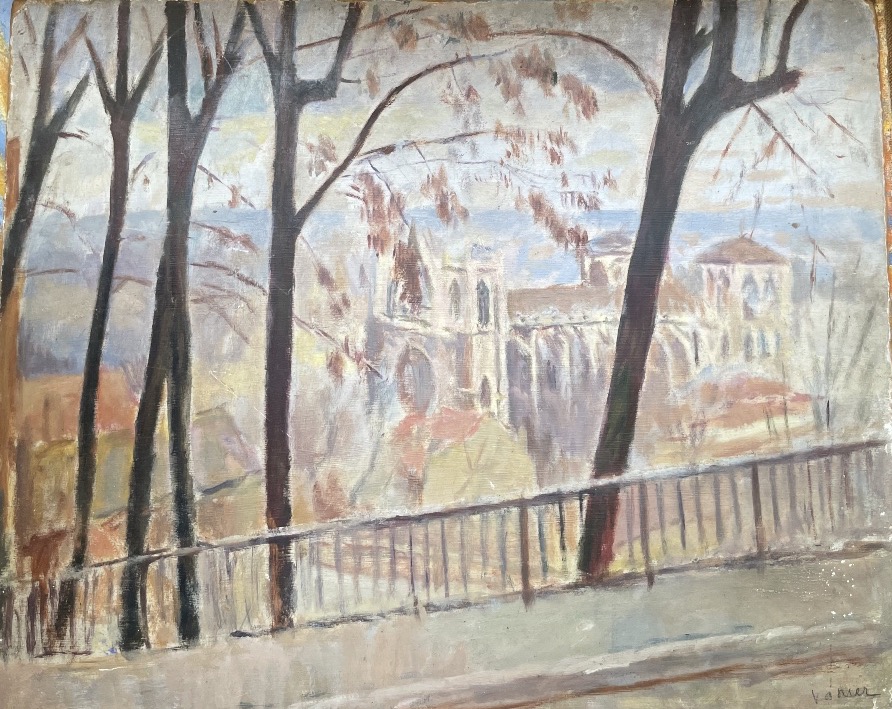 Veduta di cattedrale gotica da un colle alberato, firmato Vanier, ca. 1940  -photo-2