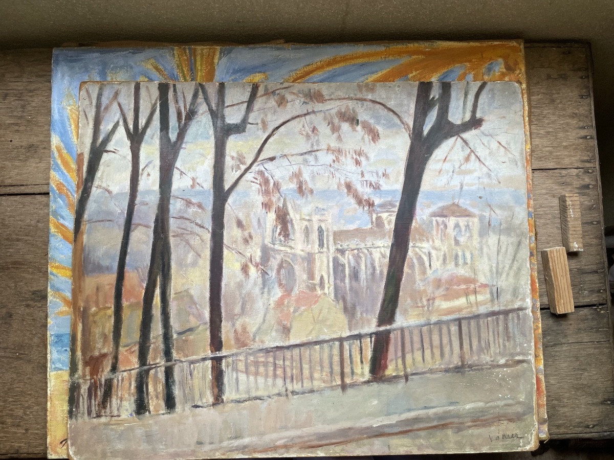Veduta di cattedrale gotica da un colle alberato, firmato Vanier, ca. 1940  -photo-3