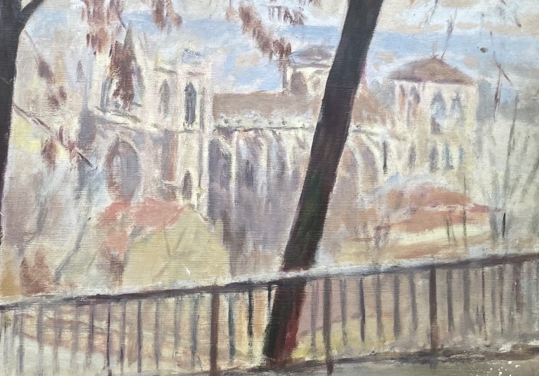 Veduta di cattedrale gotica da un colle alberato, firmato Vanier, ca. 1940  -photo-4