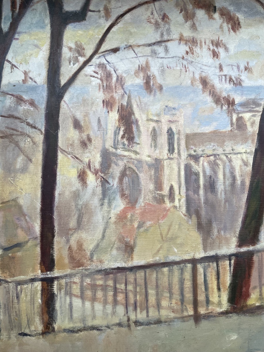 Veduta di cattedrale gotica da un colle alberato, firmato Vanier, ca. 1940  -photo-1