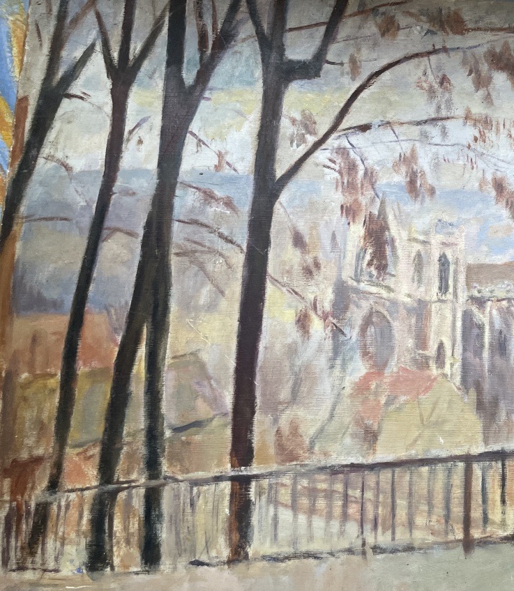 Veduta di cattedrale gotica da un colle alberato, firmato Vanier, ca. 1940  -photo-2