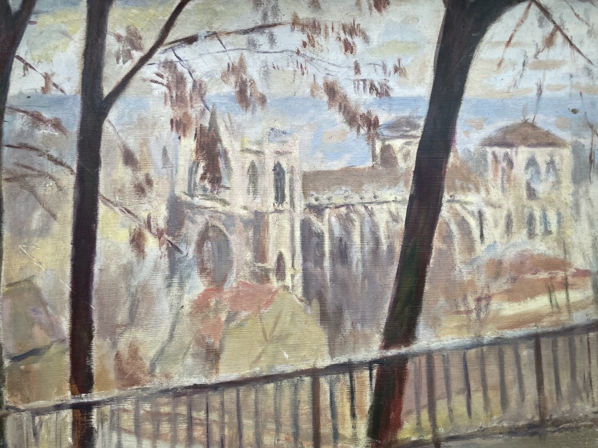 Veduta di cattedrale gotica da un colle alberato, firmato Vanier, ca. 1940  