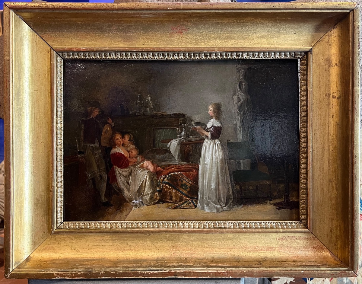Jean-Baptiste Mallet (1759–1835), attribuito; Interno seicentesco con madre, bambini e liutista-photo-2