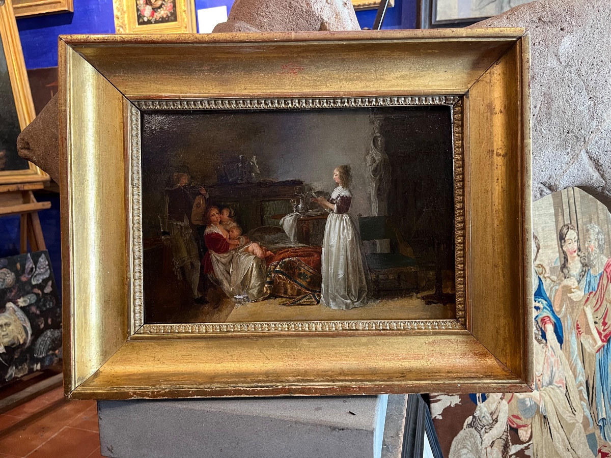 Jean-Baptiste Mallet (1759–1835), attribuito; Interno seicentesco con madre, bambini e liutista-photo-5