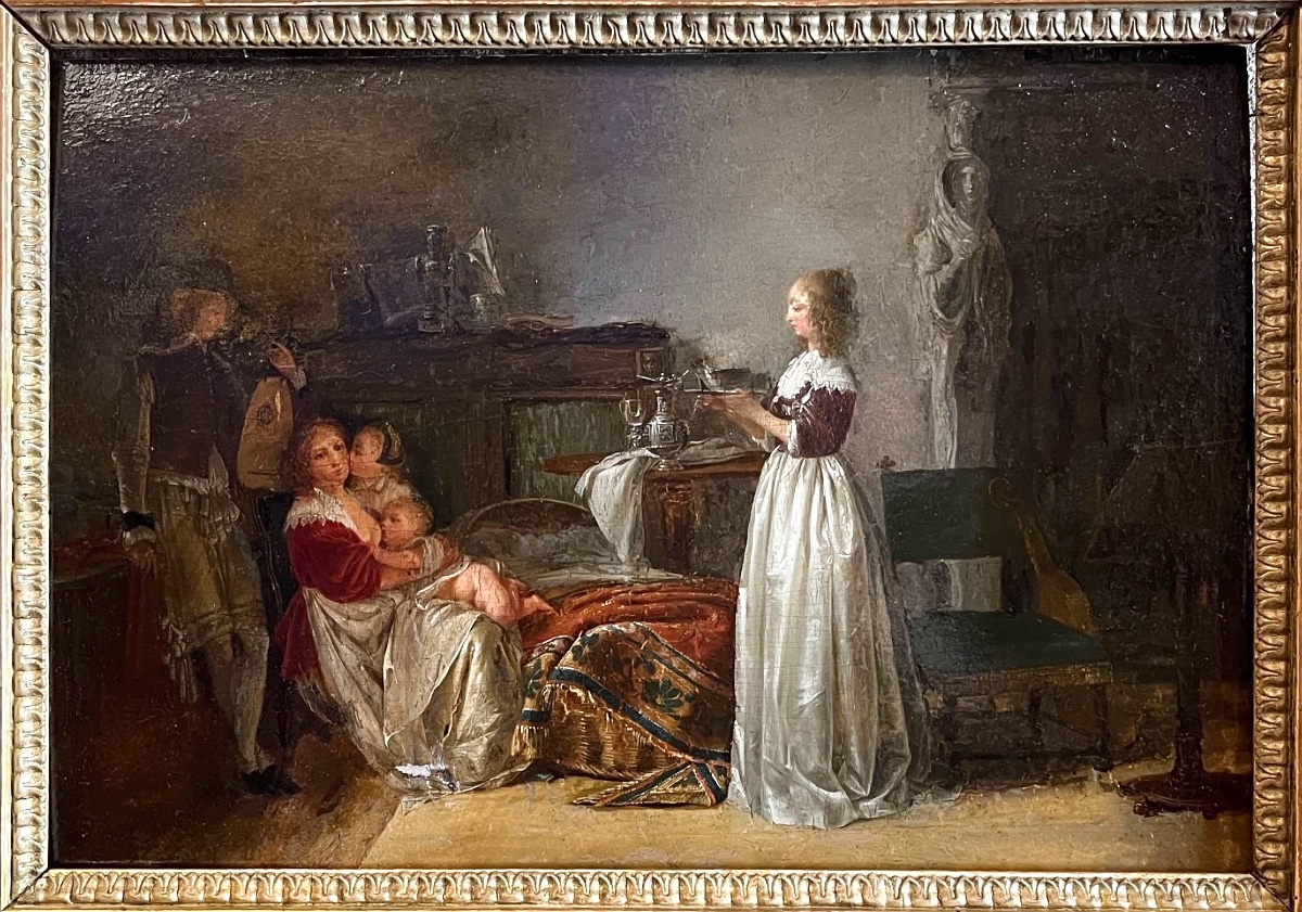 Jean-Baptiste Mallet (1759–1835), attribuito; Interno seicentesco con madre, bambini e liutista