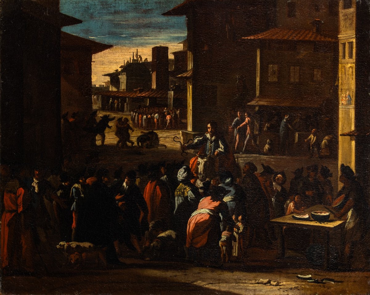 Ciarlatano con serpenti in una piazza di Roma, Bamboccianti, XVII secolo  