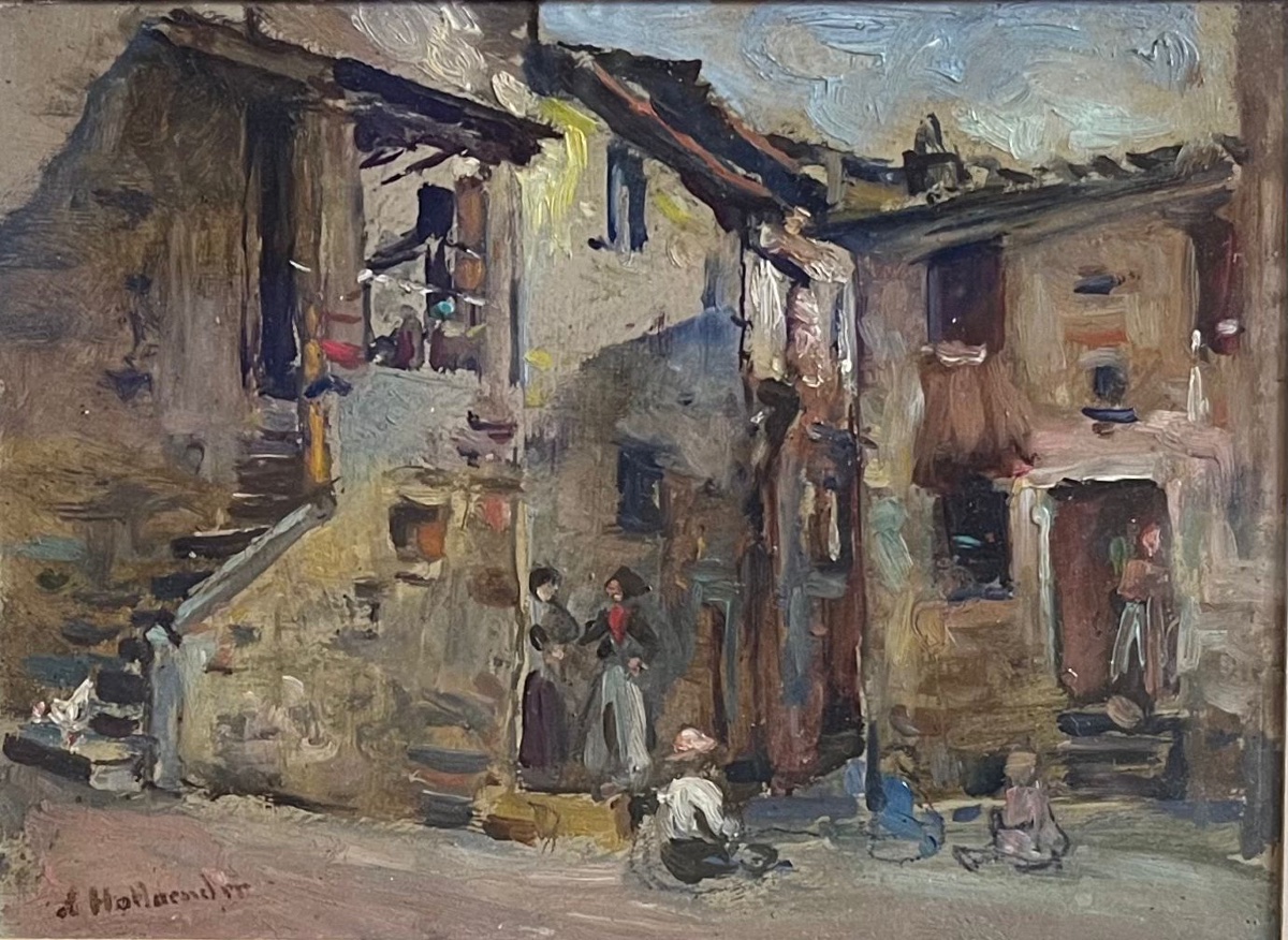 Alfonso Hollaender, Case di un borgo toscano con figure, firmato  -photo-3