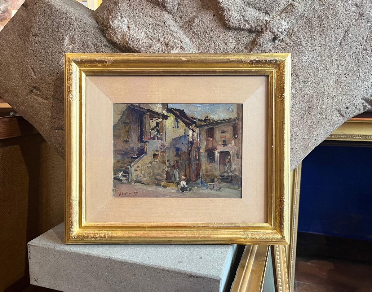 Alfonso Hollaender, Case di un borgo toscano con figure, firmato  -photo-4