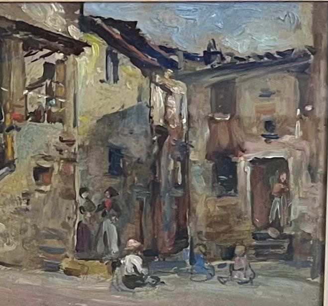 Alfonso Hollaender, Case di un borgo toscano con figure, firmato  