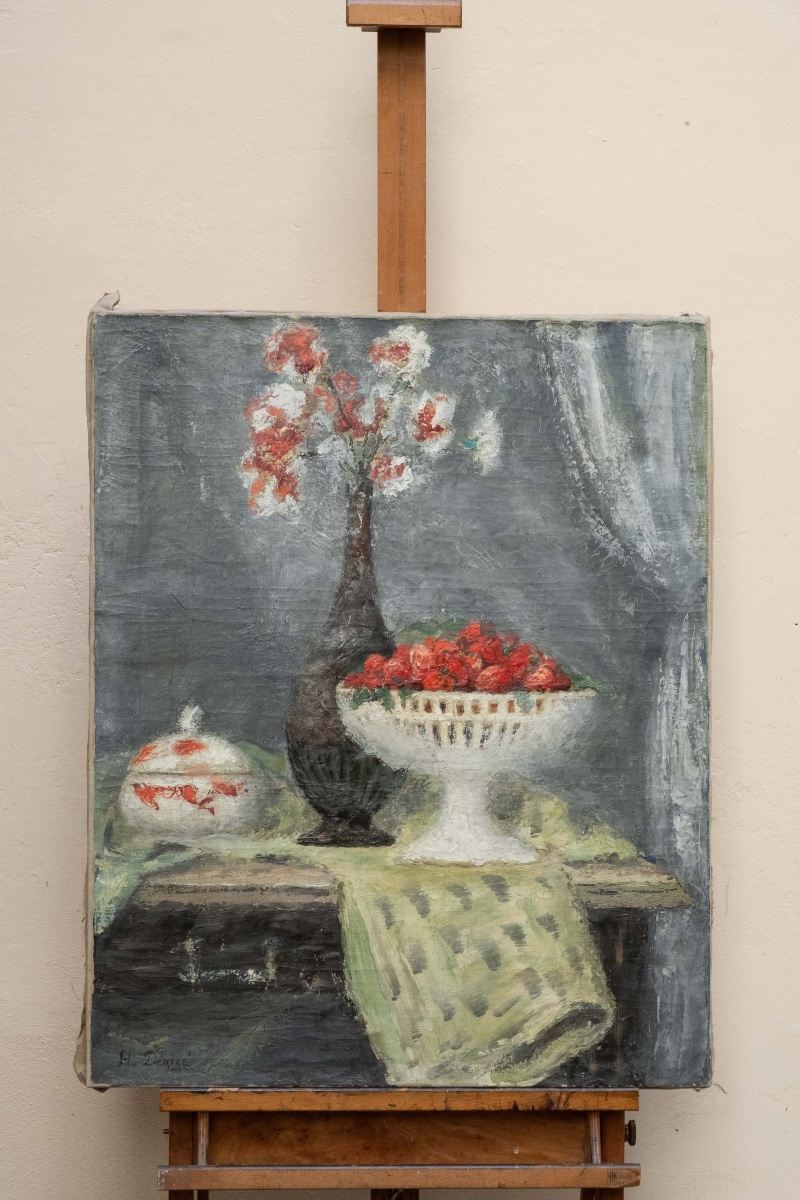 Henry Déziré (1878–1965) – Nature morte aux fraises et aux fleurs, signée circa 1930 -photo-2