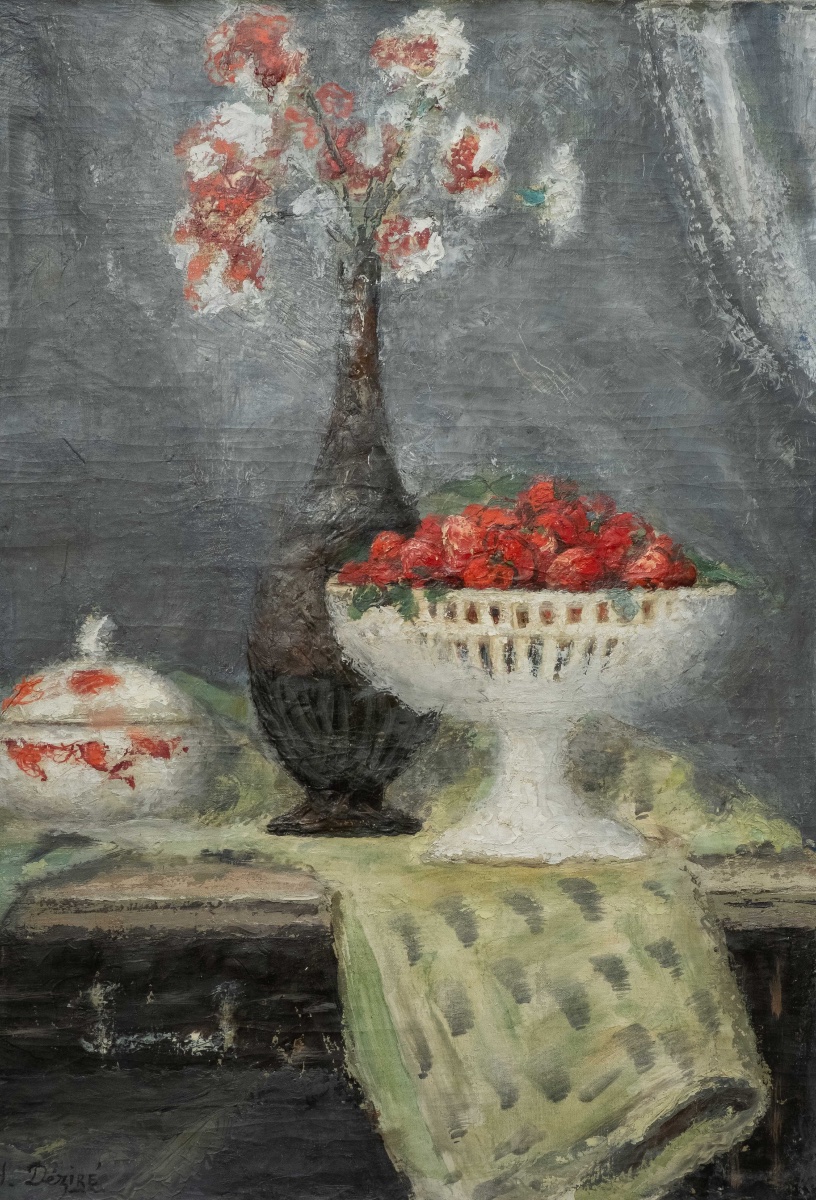 Henry Déziré (1878–1965) – Nature morte aux fraises et aux fleurs, signée circa 1930 -photo-4