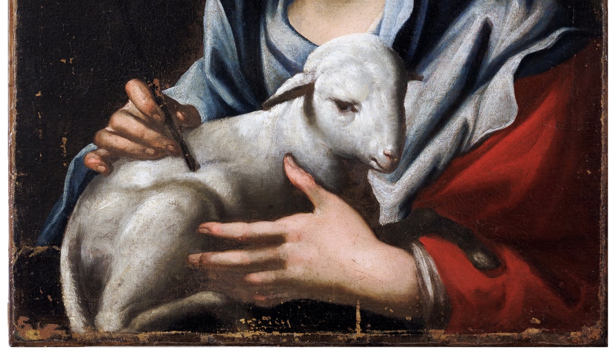 Scuola fiorentina, circa 1640 Santa Agnese con l’agnello e corona di fiori Cm 67x56-photo-2