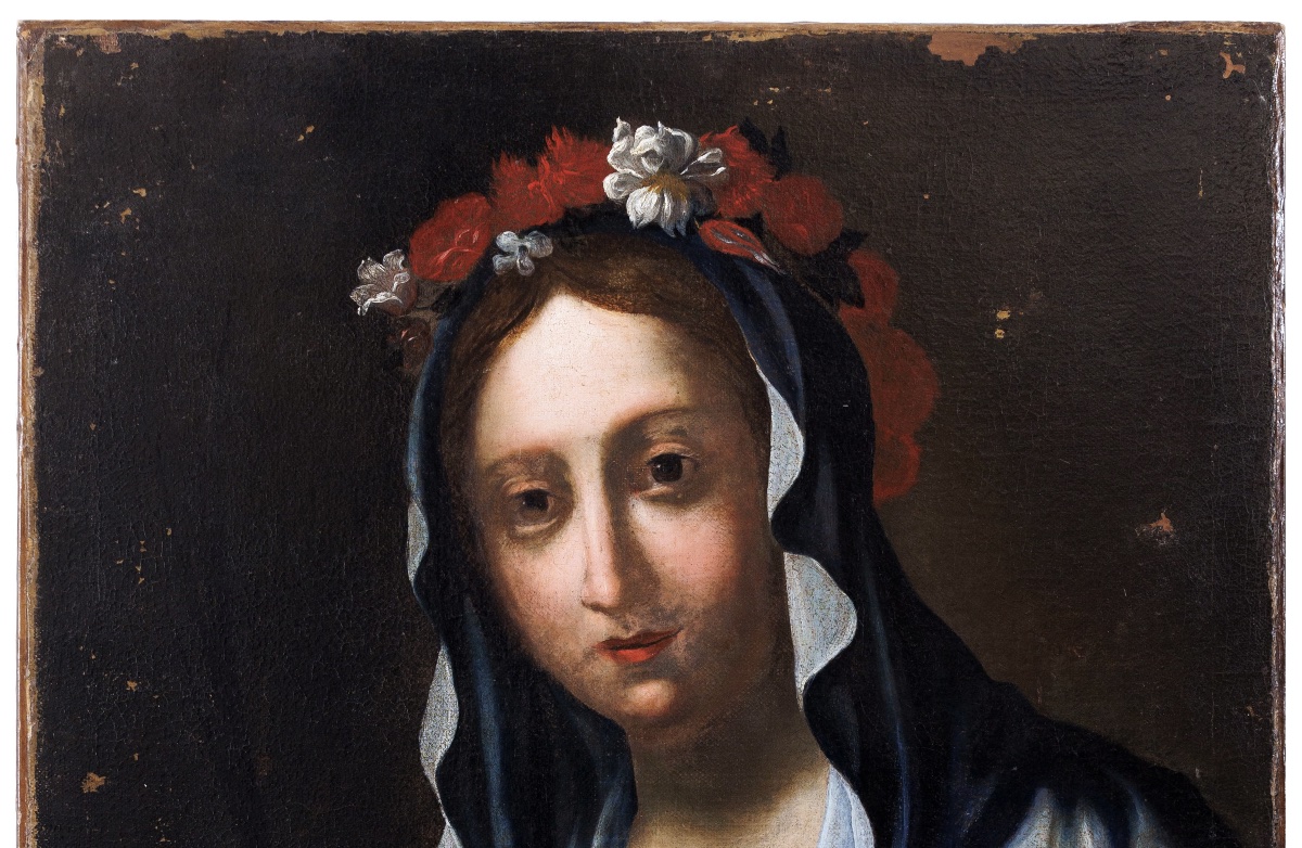 Scuola fiorentina, circa 1640 Santa Agnese con l’agnello e corona di fiori Cm 67x56-photo-2