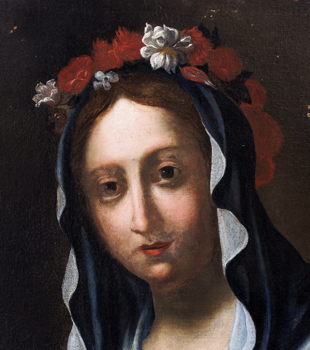 Scuola fiorentina, circa 1640 Santa Agnese con l’agnello e corona di fiori Cm 67x56-photo-4