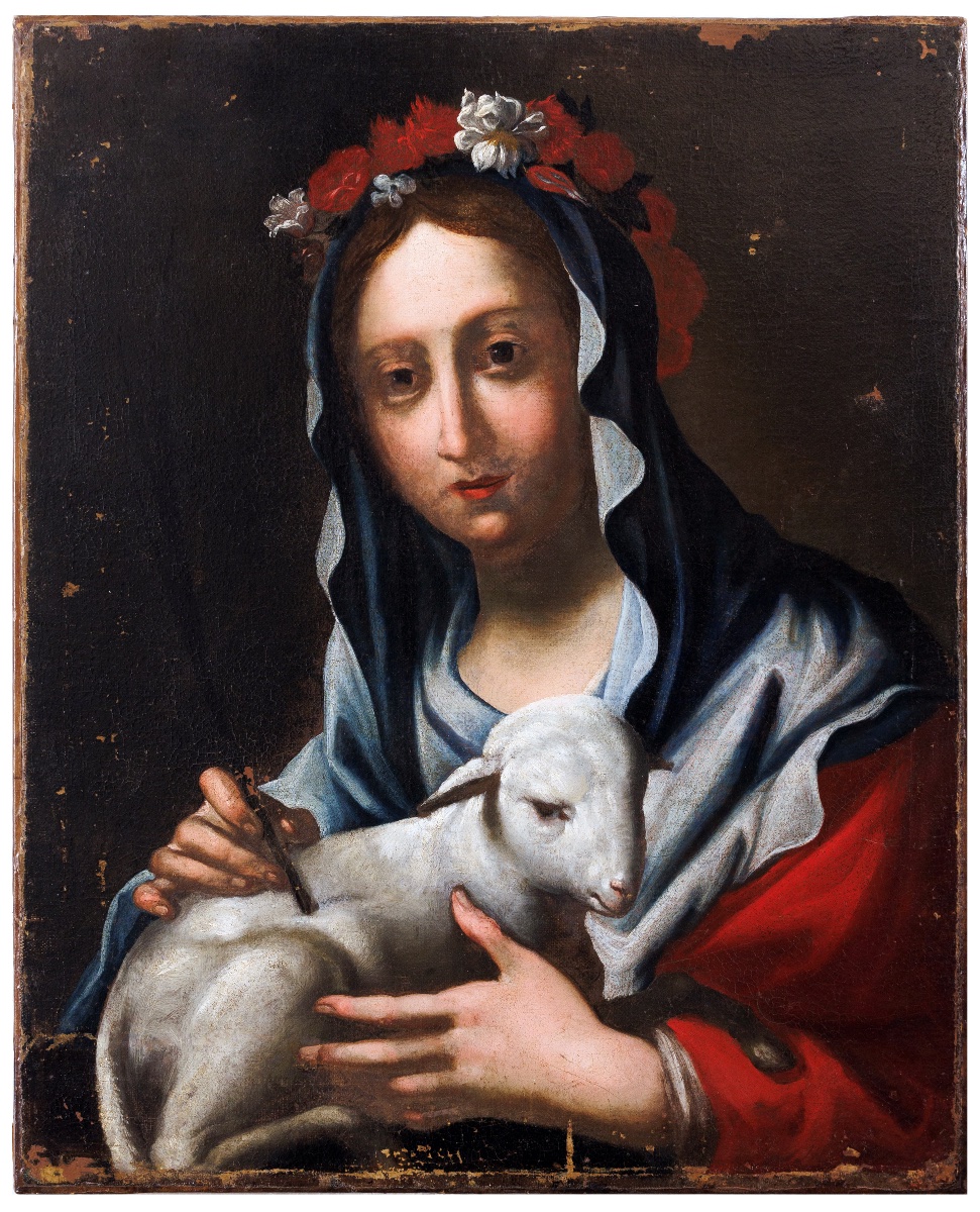 Scuola fiorentina, circa 1640 Santa Agnese con l’agnello e corona di fiori Cm 67x56