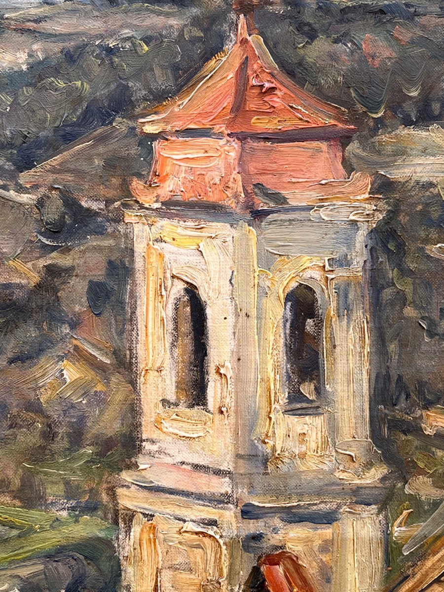 Germain David-Nillet (Parigi, 1861–1932) – Veduta di borgo e paesaggio montano, firmato -photo-3