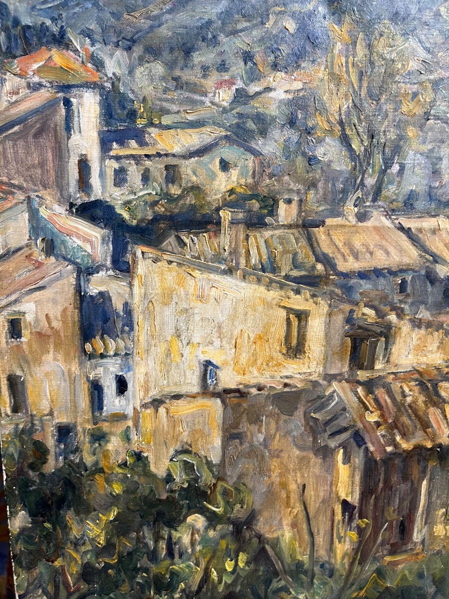 Germain David-Nillet (Parigi, 1861–1932) – Veduta di borgo e paesaggio montano, firmato -photo-4
