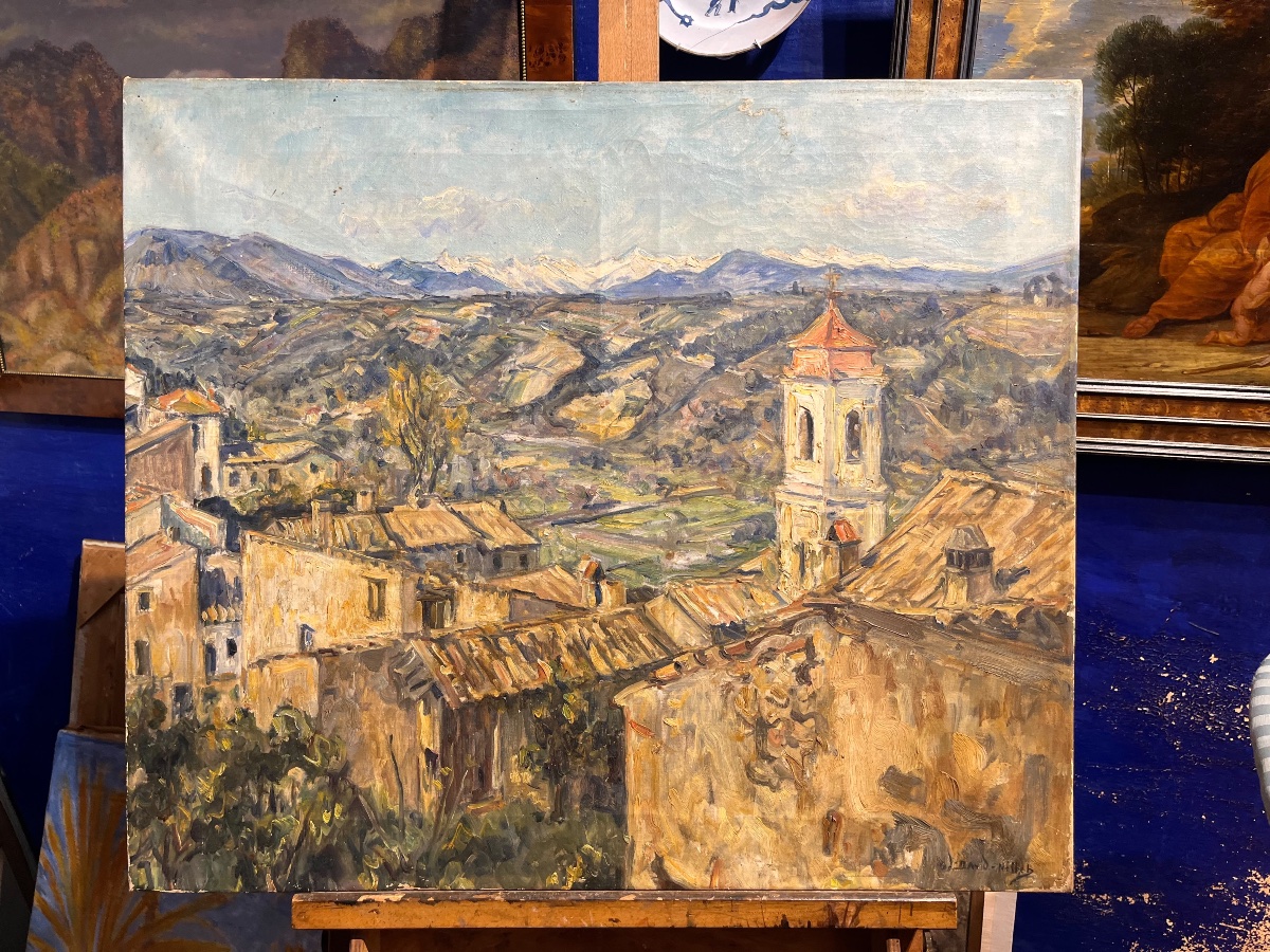 Germain David-Nillet (Parigi, 1861–1932) – Veduta di borgo e paesaggio montano, firmato -photo-1
