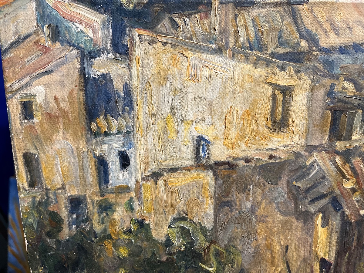 Germain David-Nillet (Parigi, 1861–1932) – Veduta di borgo e paesaggio montano, firmato -photo-2