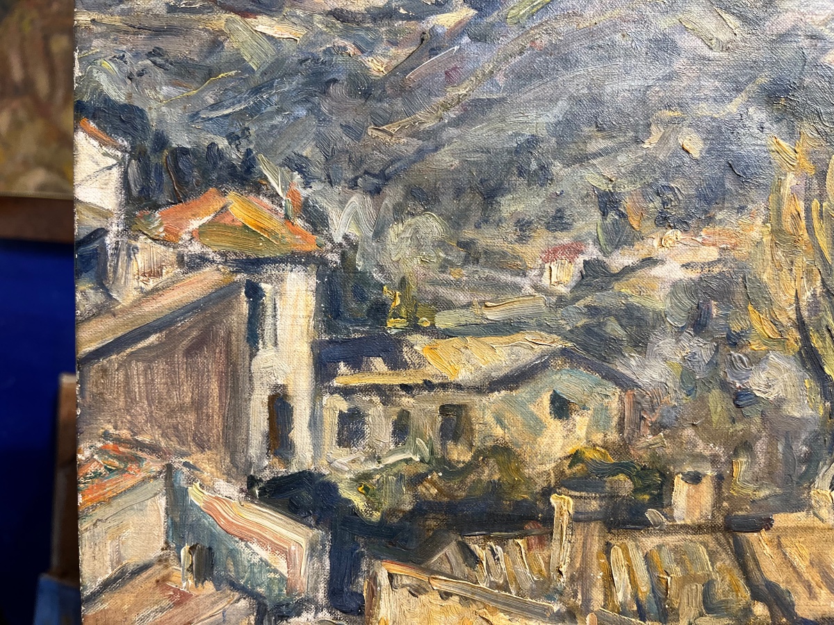 Germain David-Nillet (Parigi, 1861–1932) – Veduta di borgo e paesaggio montano, firmato -photo-4